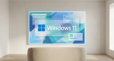 Pantalla en una pared con el logo de Windows 11 y ventanas translúcidas sobre fondo azul y verde. Imagen generada con IA.