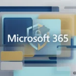 Escudo con candado y silueta de oso sobre ventanas de Microsoft 365 en azul y beige. Imagen generada con IA.
