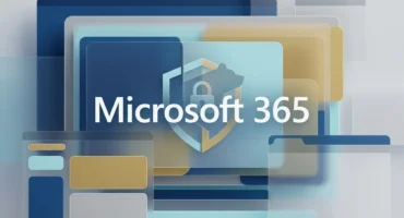 Escudo con candado y silueta de oso sobre ventanas de Microsoft 365 en azul y beige. Imagen generada con IA.