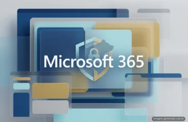 Escudo con candado y silueta de oso sobre ventanas de Microsoft 365 en azul y beige. Imagen generada con IA.
