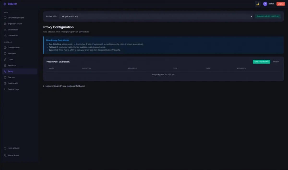 Pantalla de configuración de proxies del panel de BigBear, con el menú lateral y la lista de proxies vacía