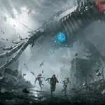 Tres supervivientes corren por una ciudad en ruinas mientras una criatura biomecánica gigante se cierne sobre ellos