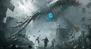 Tres supervivientes corren por una ciudad en ruinas mientras una criatura biomecánica gigante se cierne sobre ellos