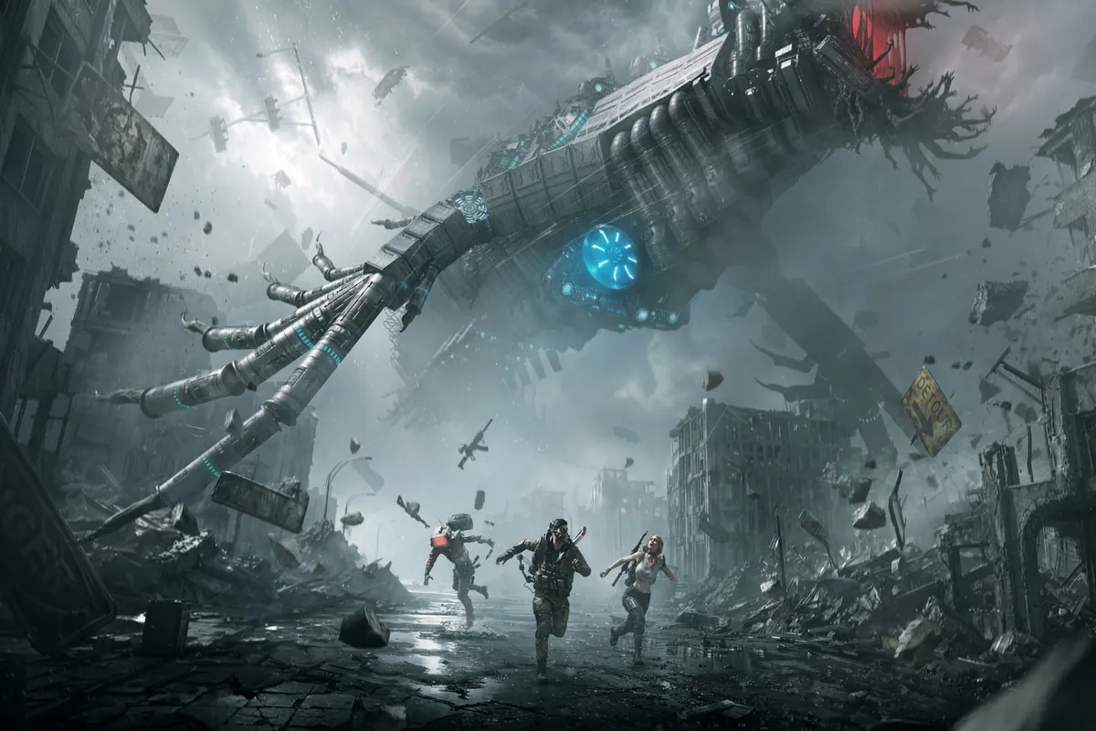 276-once-human-xbox-series-game-pass Tres supervivientes corren por una ciudad en ruinas mientras una criatura biomecánica gigante se cierne sobre ellos