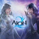 Dos personajes alados enfrentados cara a cara, uno de blanco y otro de azul oscuro, con el logotipo de Aion 2 entre ellos sobre un cielo de nubes