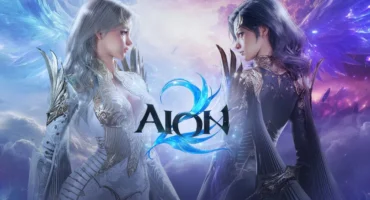 Dos personajes alados enfrentados cara a cara, uno de blanco y otro de azul oscuro, con el logotipo de Aion 2 entre ellos sobre un cielo de nubes