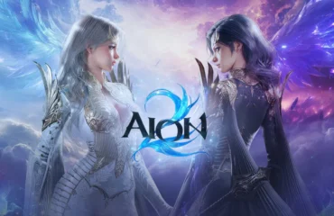 Dos personajes alados enfrentados cara a cara, uno de blanco y otro de azul oscuro, con el logotipo de Aion 2 entre ellos sobre un cielo de nubes