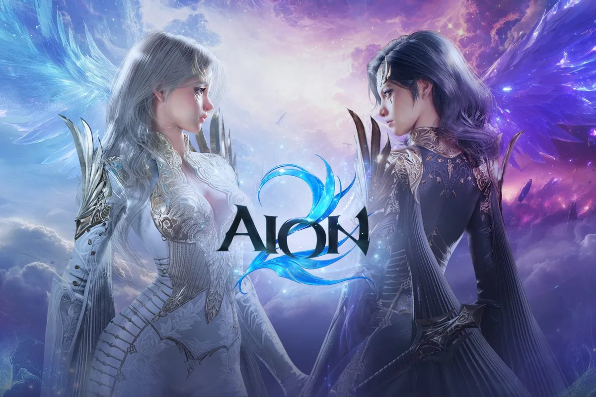 277-aion-2-dlss-5-consola-sin-cross-play Dos personajes alados enfrentados cara a cara, uno de blanco y otro de azul oscuro, con el logotipo de Aion 2 entre ellos sobre un cielo de nubes