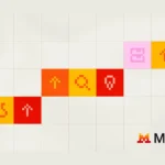 Cuadrícula de baldosas con iconos pixelados en rojo, naranja, amarillo y rosa sobre fondo claro, con el logotipo de Mistral abajo a la derecha