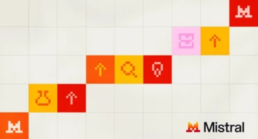 Cuadrícula de baldosas con iconos pixelados en rojo, naranja, amarillo y rosa sobre fondo claro, con el logotipo de Mistral abajo a la derecha