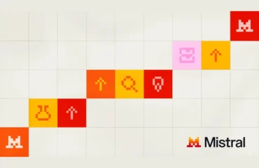 Cuadrícula de baldosas con iconos pixelados en rojo, naranja, amarillo y rosa sobre fondo claro, con el logotipo de Mistral abajo a la derecha