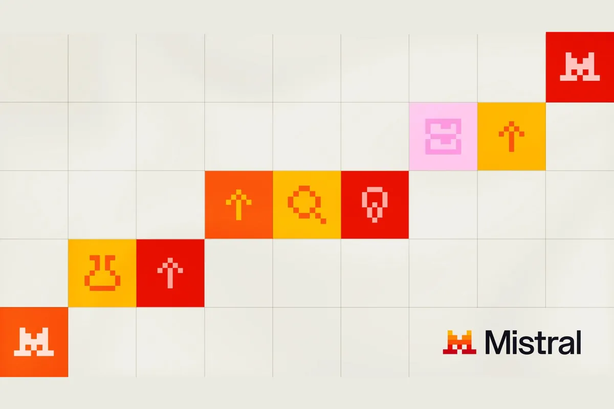 Cuadrícula de baldosas con iconos pixelados en rojo, naranja, amarillo y rosa sobre fondo claro, con el logotipo de Mistral abajo a la derecha