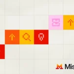 Cuadrícula de baldosas con iconos pixelados en rojo, naranja, amarillo y rosa sobre fondo claro, con el logotipo de Mistral abajo a la derecha