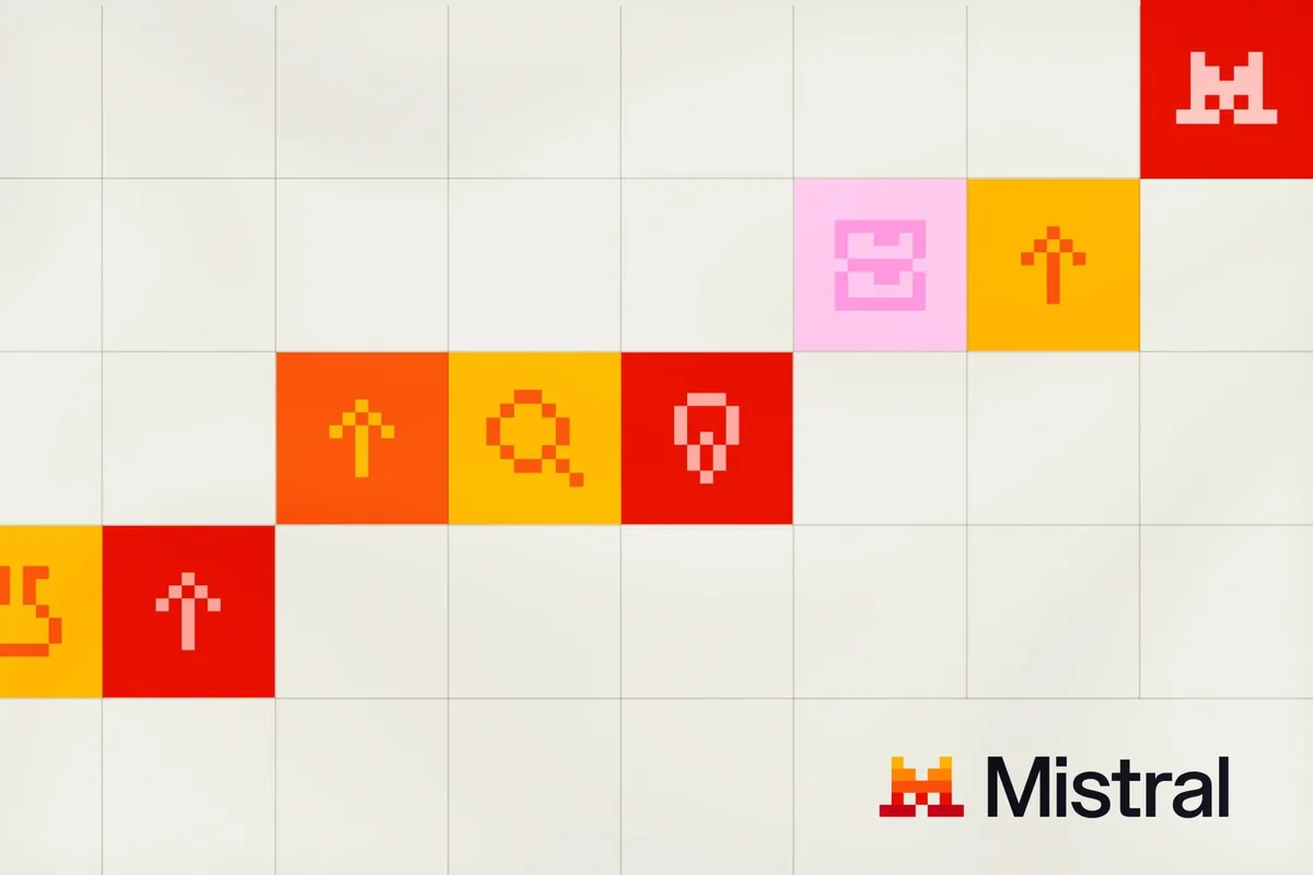 279-mistral-capta-3000-millones-euros-valoracion-21000-millones Cuadrícula de baldosas con iconos pixelados en rojo, naranja, amarillo y rosa sobre fondo claro, con el logotipo de Mistral abajo a la derecha