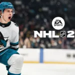 Jugador de los San Jose Sharks celebra gritando sobre el hielo junto al logotipo de EA Sports NHL 27