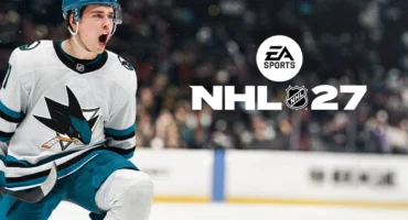 Jugador de los San Jose Sharks celebra gritando sobre el hielo junto al logotipo de EA Sports NHL 27