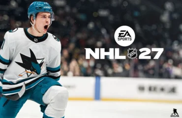 Jugador de los San Jose Sharks celebra gritando sobre el hielo junto al logotipo de EA Sports NHL 27