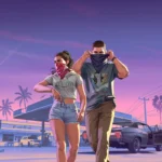 Lucia y Jason, protagonistas de Grand Theft Auto VI, con pañuelos en la cara ante una gasolinera al atardecer