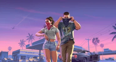 Lucia y Jason, protagonistas de Grand Theft Auto VI, con pañuelos en la cara ante una gasolinera al atardecer