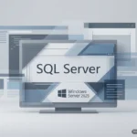 Monitor con capas de ventanas de interfaz mostrando SQL Server y el logotipo de Windows Server 2025 en tonos azules y grises. Imagen generada con IA.