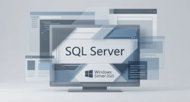 Monitor con capas de ventanas de interfaz mostrando SQL Server y el logotipo de Windows Server 2025 en tonos azules y grises. Imagen generada con IA.