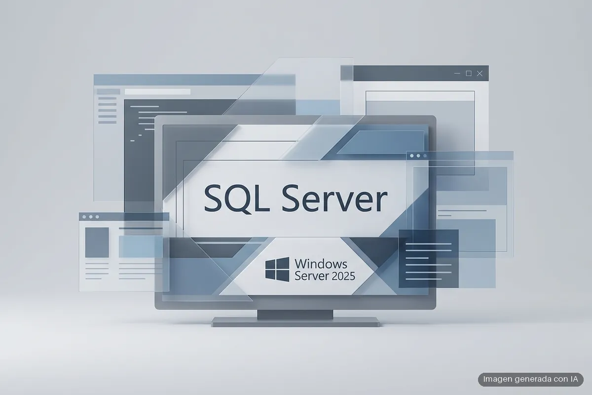 284-sql-server-errores-memoria-windows-server-2025-cambio-interno Monitor con capas de ventanas de interfaz mostrando SQL Server y el logotipo de Windows Server 2025 en tonos azules y grises. Imagen generada con IA.