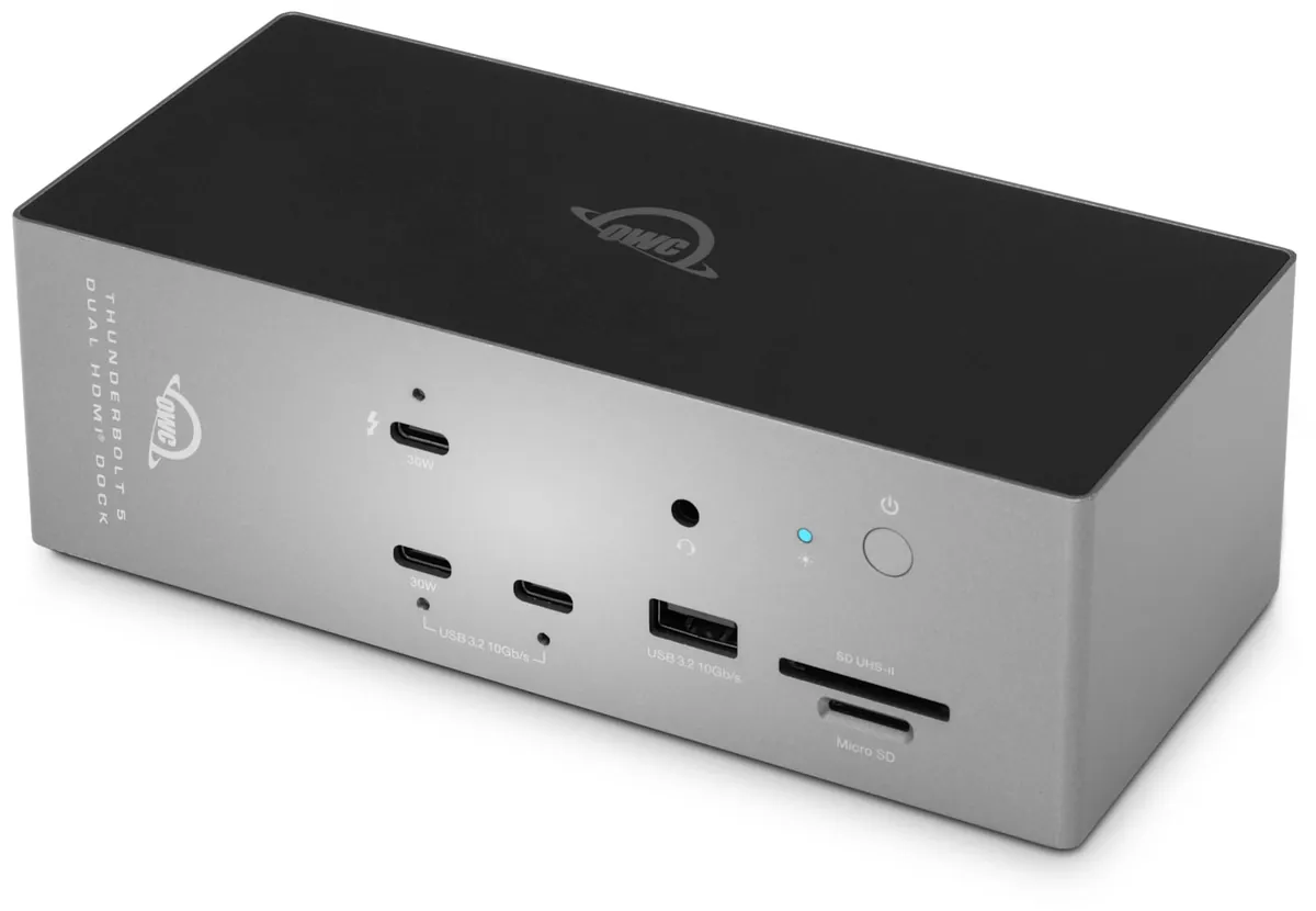 Panel frontal del dock Thunderbolt 5 de OWC con un puerto USB-C, USB 3.2, salida de auriculares y lectores de tarjetas SD y microSD