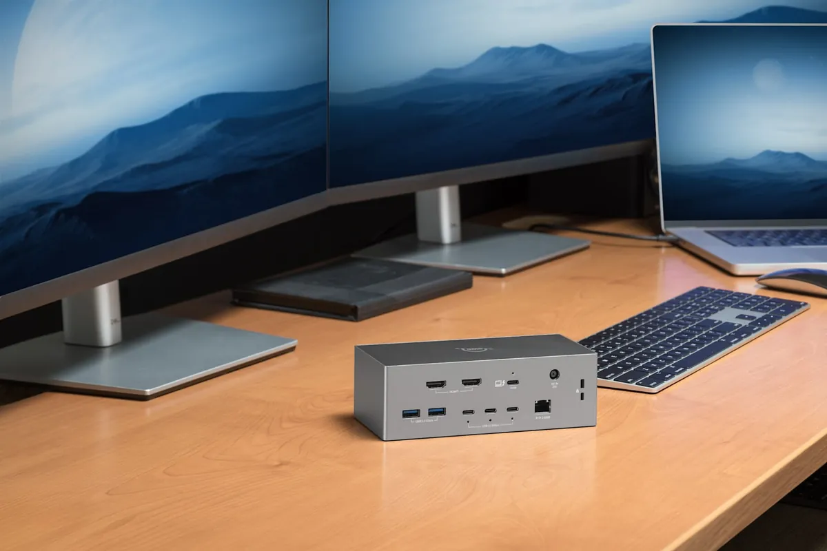 286-owc-dock-thunderbolt-5-doble-hdmi-140w Dock Thunderbolt 5 de OWC con dos puertos HDMI en un escritorio con dos monitores y un portátil