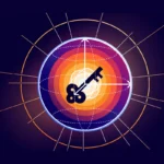 Ilustración de Cloudflare con una llave sobre una esfera de anillos naranjas y morados que representa el intercambio de claves