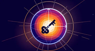 Ilustración de Cloudflare con una llave sobre una esfera de anillos naranjas y morados que representa el intercambio de claves