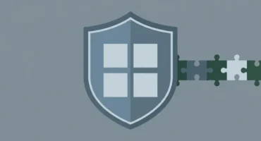 Escudo azul gris con ventana de cuatro cristales blancos, atravesado por piezas de puzle verde y blanco. Imagen generada con IA.