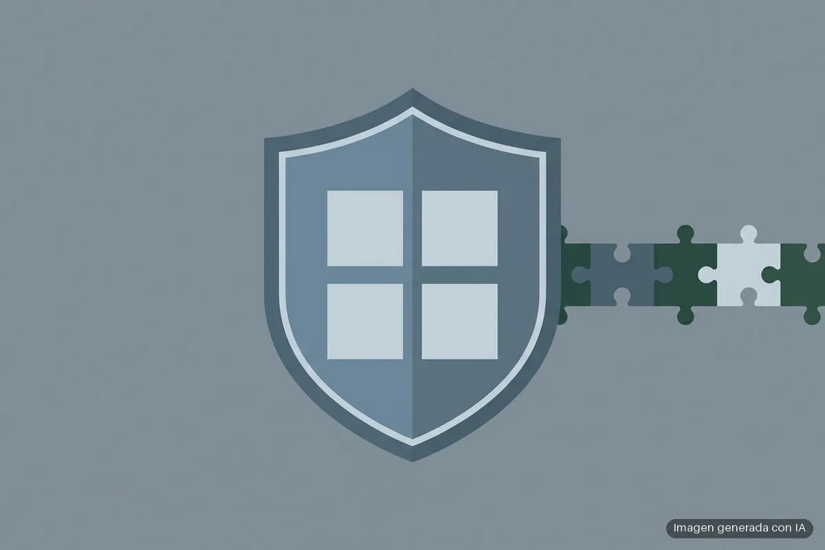 289-microsoft-parches-seguridad-patch-tuesday-septiembre-filtracion Escudo azul gris con ventana de cuatro cristales blancos, atravesado por piezas de puzle verde y blanco. Imagen generada con IA.