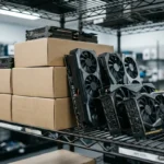 Tarjetas gráficas con ventiladores y cajas de cartón apiladas en una estantería metálica de almacén industrial. Imagen generada con IA.