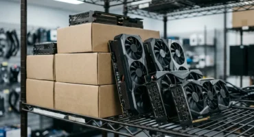Tarjetas gráficas con ventiladores y cajas de cartón apiladas en una estantería metálica de almacén industrial. Imagen generada con IA.