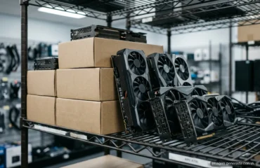 291-radeon-rx-9070-xt-lidera-ventas-gpu-mindfactory-agosto Tarjetas gráficas con ventiladores y cajas de cartón apiladas en una estantería metálica de almacén industrial. Imagen generada con IA.