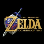 Logotipo oficial de The Legend of Zelda: Ocarina of Time con el escudo Hylian y la Espada Maestra sobre fondo negro