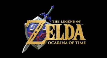 Logotipo oficial de The Legend of Zelda: Ocarina of Time con el escudo Hylian y la Espada Maestra sobre fondo negro