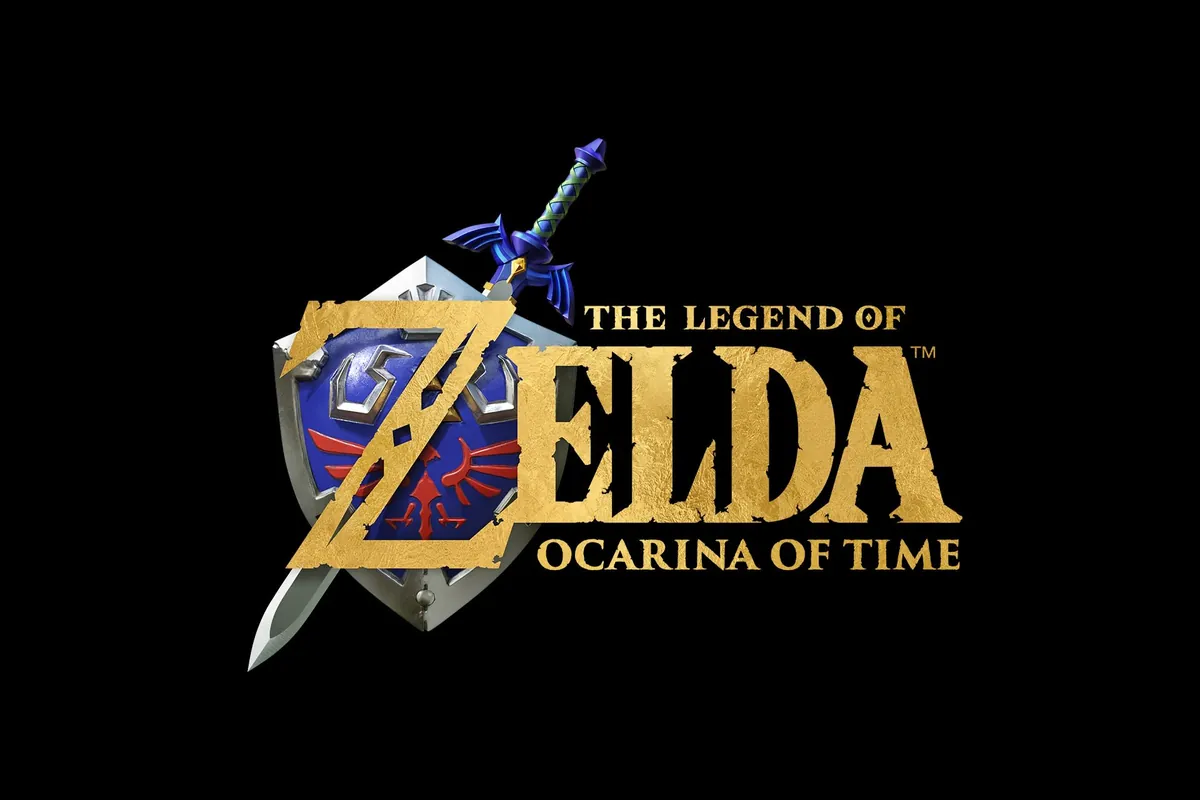 292-zelda-ocarina-of-time-remake-switch-2-noviembre Logotipo oficial de The Legend of Zelda: Ocarina of Time con el escudo Hylian y la Espada Maestra sobre fondo negro