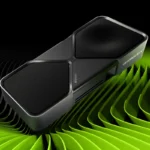 Tarjeta gráfica GeForce RTX 5070 Founders Edition de Nvidia sobre un fondo de ondas verdes