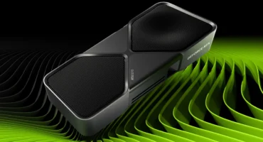 Tarjeta gráfica GeForce RTX 5070 Founders Edition de Nvidia sobre un fondo de ondas verdes