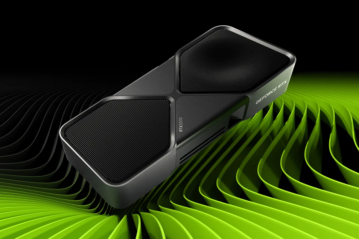 294-rtx-5070-variante-gb203-precio-rumor Tarjeta gráfica GeForce RTX 5070 Founders Edition de Nvidia sobre un fondo de ondas verdes