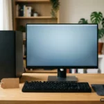 Ordenador de sobremesa con torre negra, monitor azul, teclado y ratón sobre una mesa de madera, con una etiqueta de precio en blanco. Imagen generada con IA.
