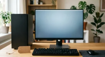 Ordenador de sobremesa con torre negra, monitor azul, teclado y ratón sobre una mesa de madera, con una etiqueta de precio en blanco. Imagen generada con IA.