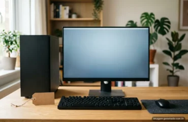 Ordenador de sobremesa con torre negra, monitor azul, teclado y ratón sobre una mesa de madera, con una etiqueta de precio en blanco. Imagen generada con IA.