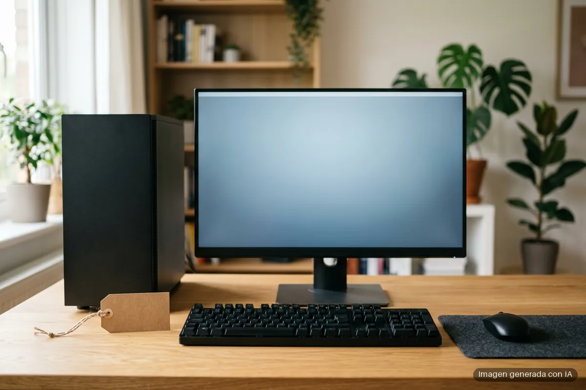 298-envios-pc-caen-4-9-por-ciento-precios-suben-20 Ordenador de sobremesa con torre negra, monitor azul, teclado y ratón sobre una mesa de madera, con una etiqueta de precio en blanco. Imagen generada con IA.