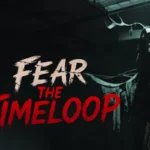 Arte oficial de Fear The Timeloop: una criatura con cornamenta cuelga del techo de un hospital junto al logotipo del juego