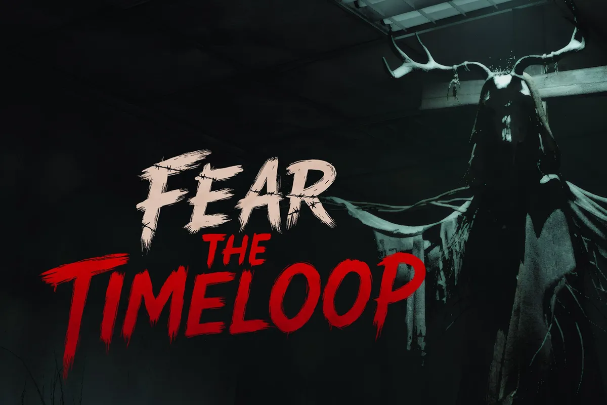 302-fear-the-timeloop-llega-xbox-series-bucle-15-minutos Arte oficial de Fear The Timeloop: una criatura con cornamenta cuelga del techo de un hospital junto al logotipo del juego