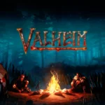 Arte oficial de Valheim: dos vikingos junto a una hoguera en un bosque de noche con el logotipo del juego