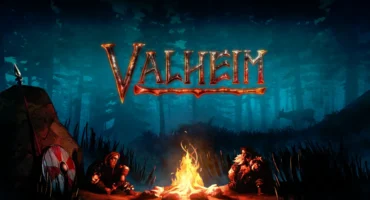 Arte oficial de Valheim: dos vikingos junto a una hoguera en un bosque de noche con el logotipo del juego