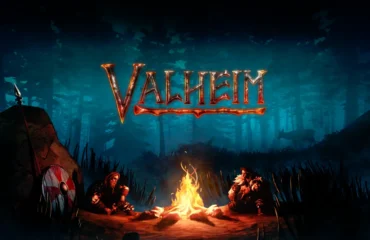 Arte oficial de Valheim: dos vikingos junto a una hoguera en un bosque de noche con el logotipo del juego